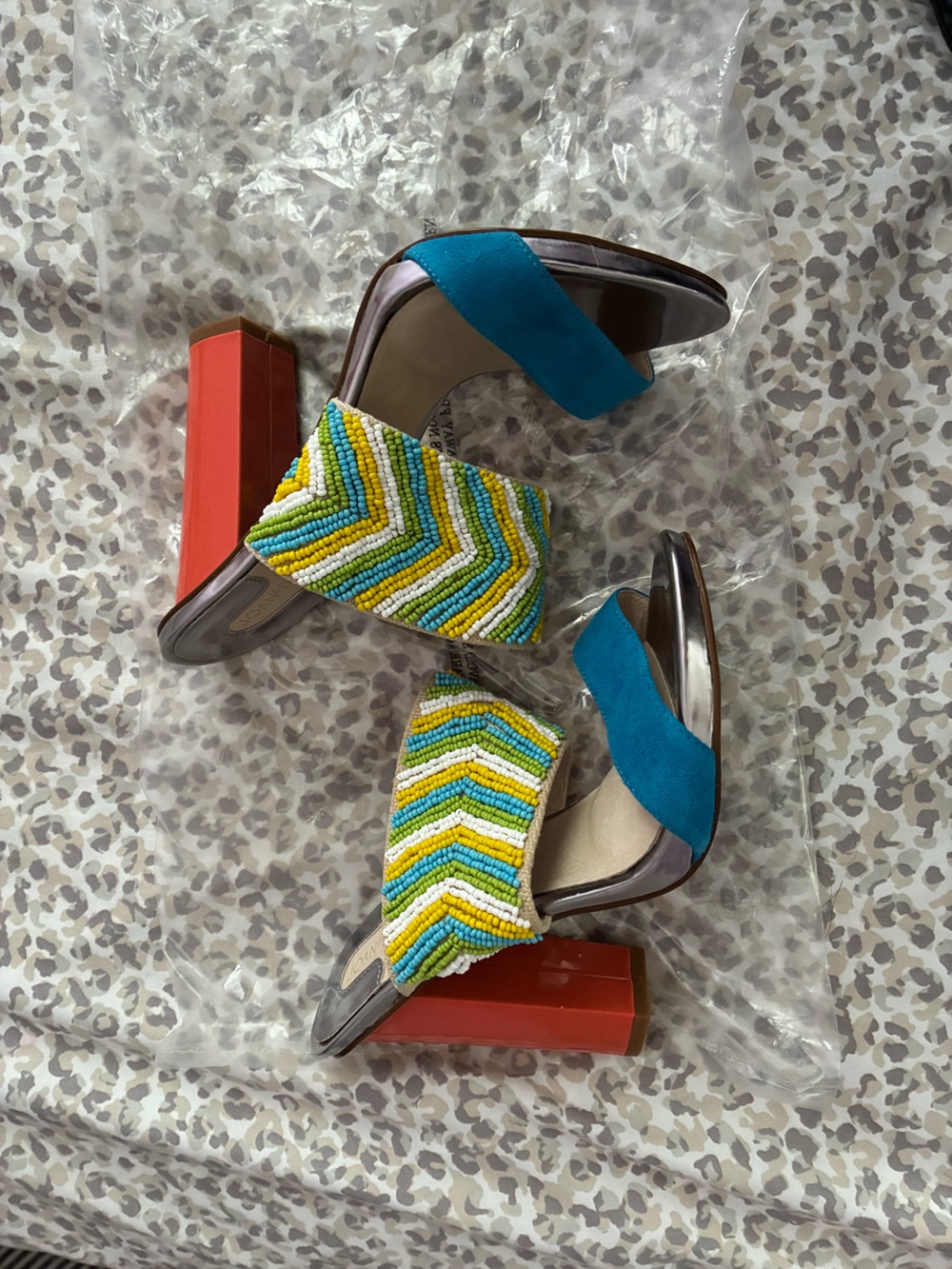 Joan & David Beaded Chevron Heels in Turquoise and Yellow
